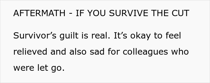Text excerpt about survivor’s guilt after layoffs highlighting subtle red flags that mean job safety is at risk.
