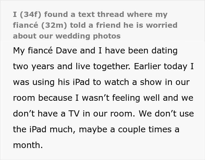 Woman finds secret texts from fiancé worried about wedding photos and her appearance in a private conversation. Woman finds secret texts from fiancé worried about wedding photos and her appearance in a private conversation.