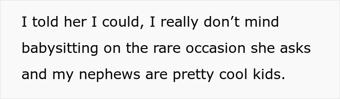Text snippet showing a person discussing babysit sister's kids and their positive experience with hockey-loving nephews. Text snippet showing a person discussing babysit sister's kids and their positive experience with hockey-loving nephews.