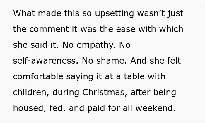 Text discussing a woman upset by how she is treated by her boyfriend’s son and his girlfriend during a family visit.