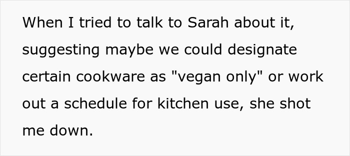 Text on screen about a person refusing to follow roommate’s strict vegan rules in their shared kitchen space. Text on screen about a person refusing to follow roommate’s strict vegan rules in their shared kitchen space.
