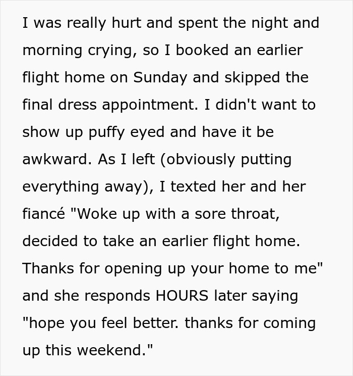 Text of a personal message describing a painful wedding dress shopping trip and a friendship wake-up call.
