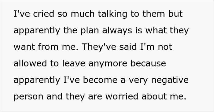 Text excerpt showing a person expressing feeling held hostage at their parents’ place and emotional distress over restrictions. Text excerpt showing a person expressing feeling held hostage at their parents’ place and emotional distress over restrictions.