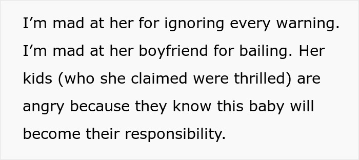 Text about a childfree woman refusing to take responsibility for her sister's new baby and family tensions.