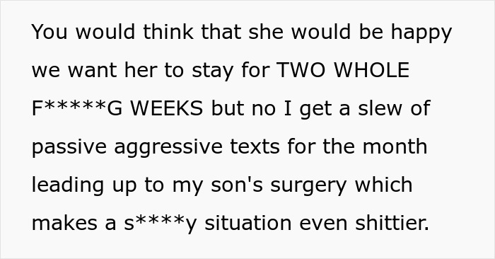 Text excerpt about passive aggressive texts before son's surgery related to MIL poisoning family dog and verbal attacks.