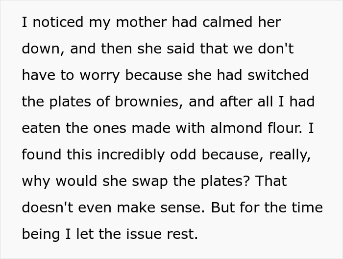 Text excerpt about a mother swapping plates of brownies involving parents lied about allergies concerns.