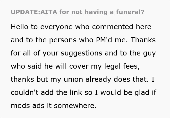 Text post discussing reactions and legal fee offers after a guy tells his family he doesn’t want a funeral. Text post discussing reactions and legal fee offers after a guy tells his family he doesn’t want a funeral.