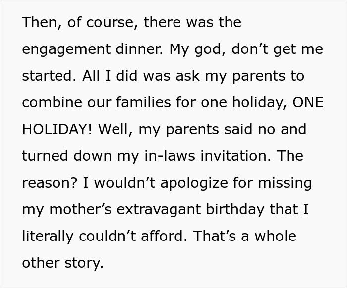 Text excerpt describing bride&rsquo;s parents causing conflict during wedding preparations and being uninvited by a great aunt.