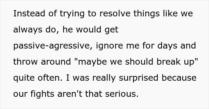 Text excerpt discussing relationship issues involving passive-aggressive behavior and breakup threats with astrology themes.