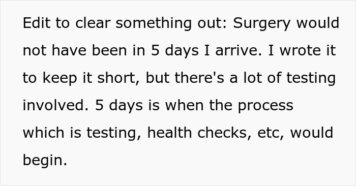 Text on a white background explaining the timeline of surgery and testing health checks before arrival. Text on a white background explaining the timeline of surgery and testing health checks before arrival.