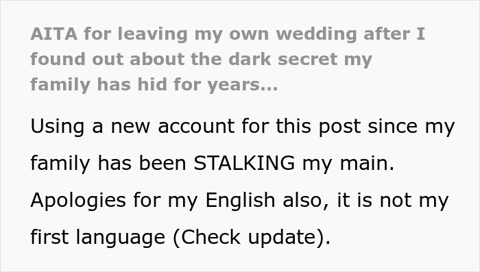 Text post about leaving wedding after discovering groom cheated with bride&rsquo;s mom, revealing hidden family secrets.