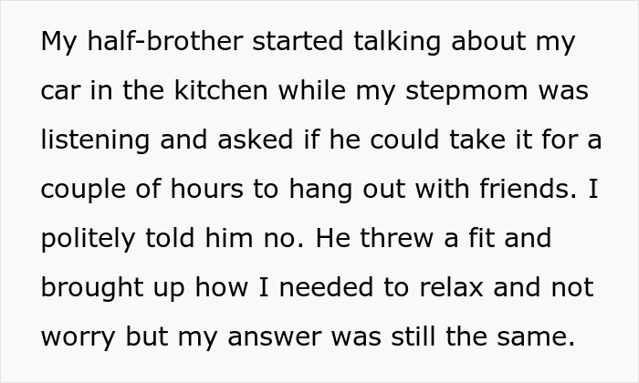 Text excerpt describing a conflict with a half-brother over car use leading to family tension and theft issues.