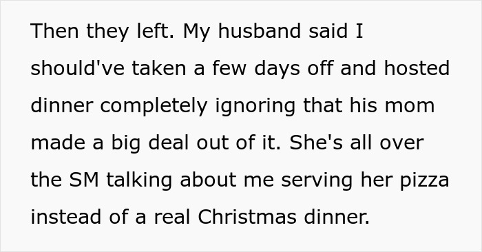 Text about woman reheating pizza leftovers for MIL at Christmas, facing criticism on social media for not hosting dinner. Text about woman reheating pizza leftovers for MIL at Christmas, facing criticism on social media for not hosting dinner.