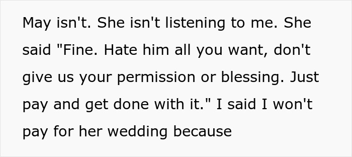 Text excerpt showing a woman refusing financial help for her wedding, reflecting financial instability and emotional conflict.