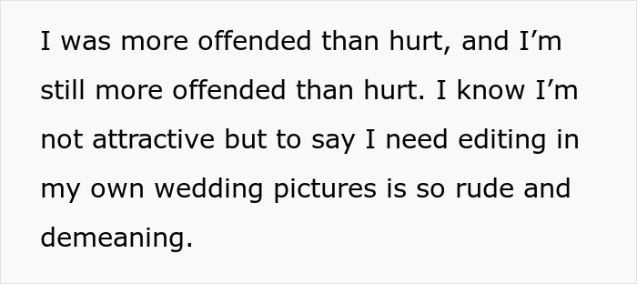 Text message revealing a woman offended by fiancé’s secret texts complaining about her appearance and wedding photos. Text message revealing a woman offended by fiancé’s secret texts complaining about her appearance and wedding photos.