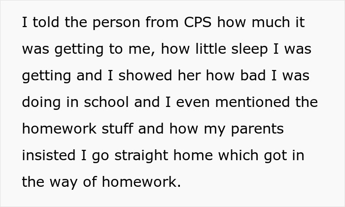 Exhausted teen describing sleep loss, school struggles and parents' demands in a statement to CPS