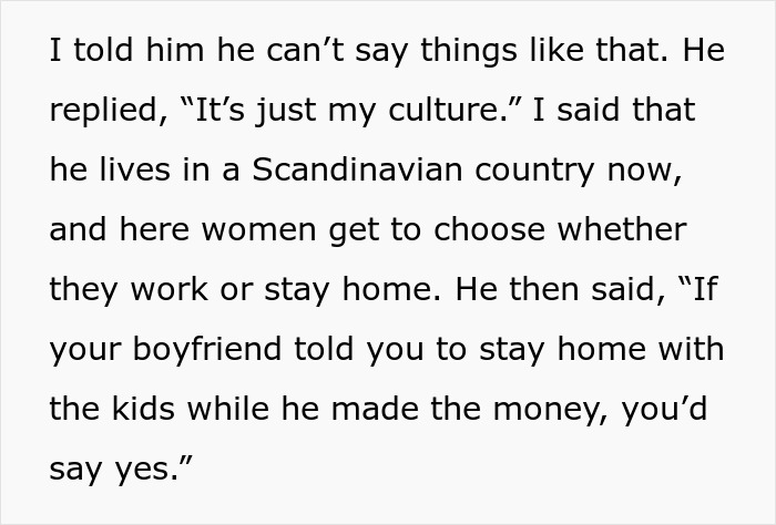 Text excerpt showing a coworker telling a woman to stay home and birth babies, causing conflict about reporting him.