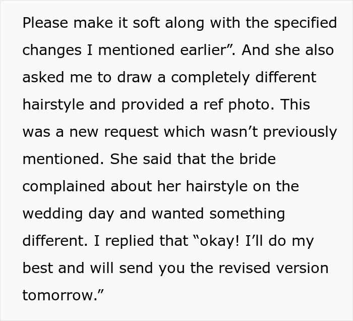 Image showing text about a bride’s hairstyle change request in a wedding illustration from a mother-in-law’s plan.