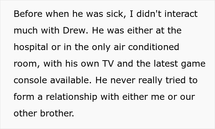 Text excerpt describing limited interaction with a sick brother in hospital, reflecting sacrifice and family dynamics. Text excerpt describing limited interaction with a sick brother in hospital, reflecting sacrifice and family dynamics.