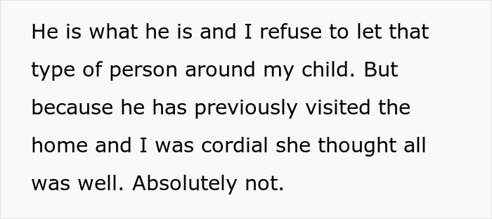Text excerpt about a woman refusing to allow her mother-in-law&rsquo;s creepy husband around her child, causing family tension.