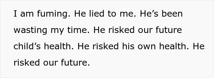 Alt text: Woman expresses anger after exposing husband’s lie risking their future child’s health and family’s wellbeing.