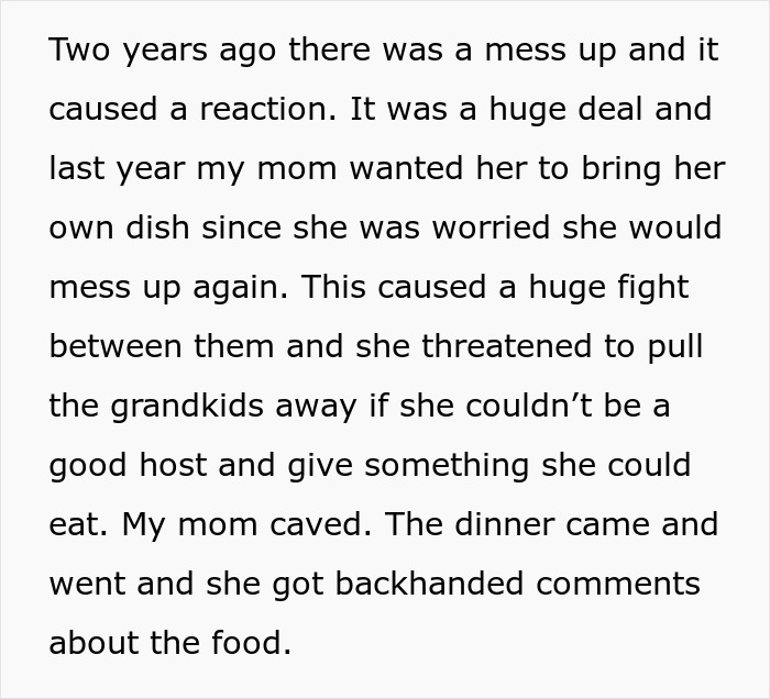 Text excerpt about a family dispute over catering to allergies and a threat to pull the grandkids away. Text excerpt about a family dispute over catering to allergies and a threat to pull the grandkids away.