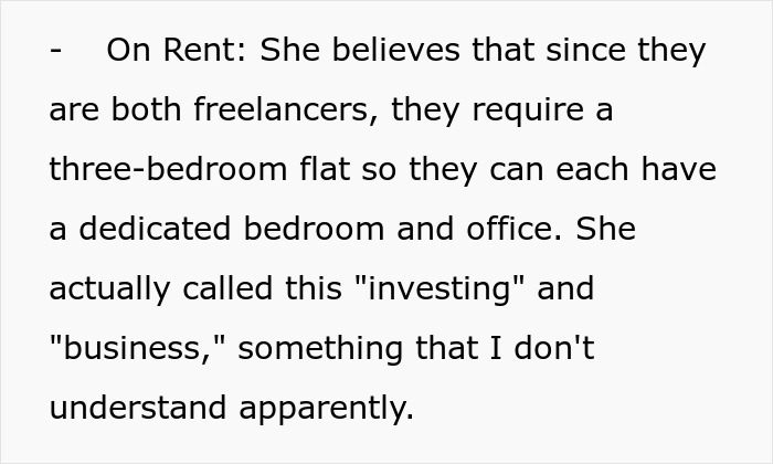 Screenshot of article text about rent, freelancing and a three-bedroom flat; brother money wife family Screenshot of article text about rent, freelancing and a three-bedroom flat; brother money wife family