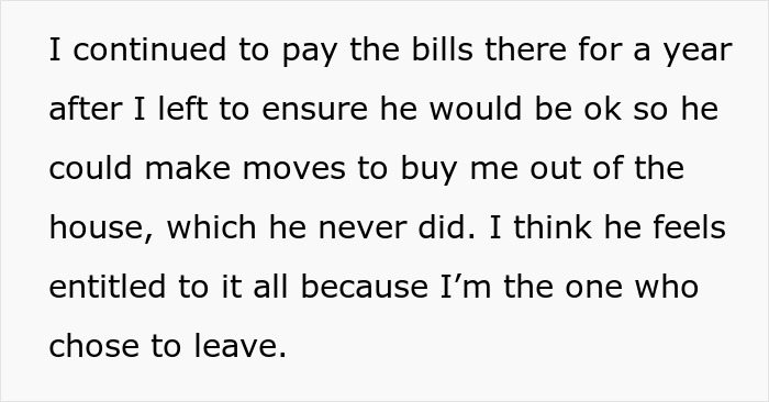 Text excerpt about a woman regretting her divorce and handling bills while seeking a buyout from her ex. Text excerpt about a woman regretting her divorce and handling bills while seeking a buyout from her ex.