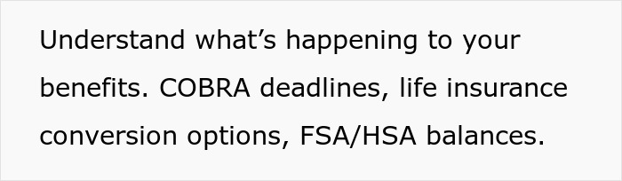 Text about understanding benefits, COBRA deadlines, life insurance options, and FSA/HSA balances highlighting job safety red flags.