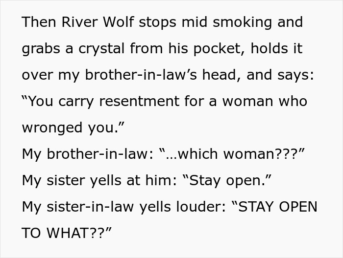 Text excerpt showing a barefoot spiritual advisor causing comical chaos and tension at a Thanksgiving gathering.