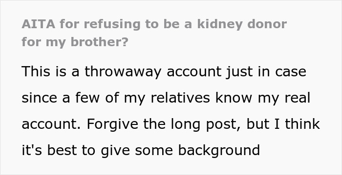 Text post about a woman refusing to be a kidney donor for her brother after a lifetime of sacrifice as spare parts. Text post about a woman refusing to be a kidney donor for her brother after a lifetime of sacrifice as spare parts.