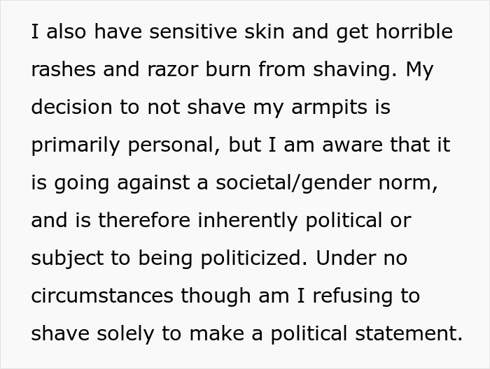 Text discussing sensitive skin, personal choice to not shave armpits, and its societal and political implications. Text discussing sensitive skin, personal choice to not shave armpits, and its societal and political implications.