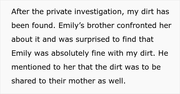 Text excerpt about a man’s dirt found by private investigator after fiancée’s family hires PI to dig up dirt. Text excerpt about a man’s dirt found by private investigator after fiancée’s family hires PI to dig up dirt.