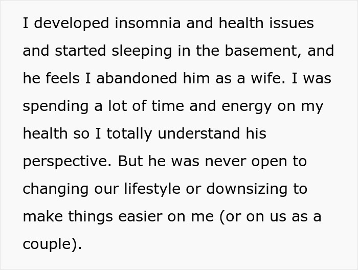 Text excerpt showing a woman reflecting on health issues and perspective during a regretted divorce reality check. Text excerpt showing a woman reflecting on health issues and perspective during a regretted divorce reality check.