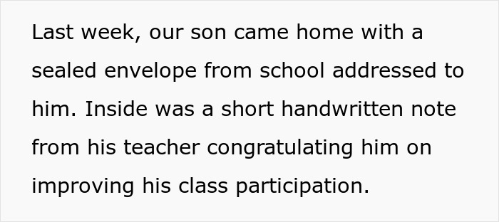 Text about a mom furious over a teacher's inappropriate note to her son, with dad thinking she’s overreacting. Text about a mom furious over a teacher's inappropriate note to her son, with dad thinking she’s overreacting.
