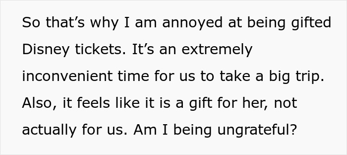 Text expressing frustration about being gifted Disney tickets, revealing family tension and feelings of debt and guilt.