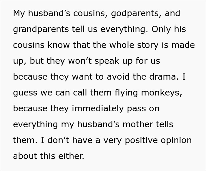 Text discussing family drama with husband’s relatives acting as flying monkeys amid MIL and DIL conflict over premature birth.