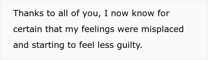 White panel with typed message about feeling less guilty and misplaced feelings, brother money wife family