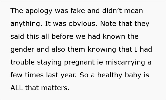 Text discussing a fake apology, pregnancy struggles, miscarriages, and the importance of having a healthy baby.