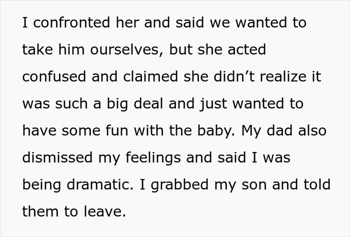 Text excerpt showing a confrontation involving a step-grandma sneaking baby to Santa and losing babysitting privileges. Text excerpt showing a confrontation involving a step-grandma sneaking baby to Santa and losing babysitting privileges.