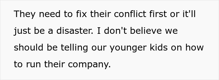 Text discussing the need to resolve conflict before younger kids learn how to run a company involving craft skills.