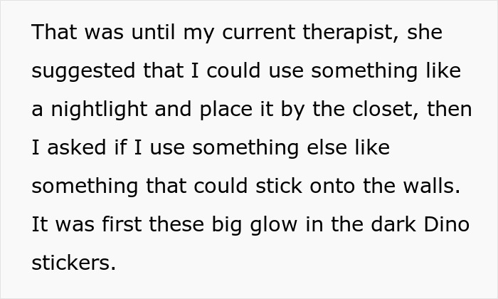 Text excerpt discussing therapist advice on using nightlights and glow-in-the-dark stickers near a closet door. Text excerpt discussing therapist advice on using nightlights and glow-in-the-dark stickers near a closet door.