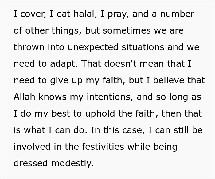 Text about a Muslim daughter-in-law discussing faith, modesty, and adapting without giving up religious beliefs at a family event. Text about a Muslim daughter-in-law discussing faith, modesty, and adapting without giving up religious beliefs at a family event.