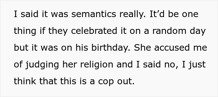 Alt text: Excerpt discussing a Jehovah's Witness mom celebrating kid's birthday and conflict with sister-in-law over the event's meaning.