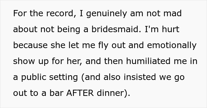 Text excerpt expressing hurt feelings during a wedding dress shopping trip and painful friendship wake-up call.