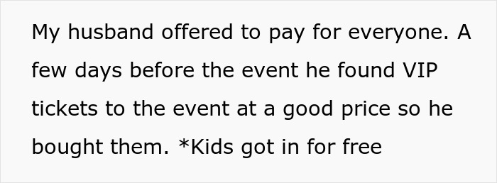 Text excerpt from a story showing a husband offering to pay for everyone and buying VIP tickets at a good price.
