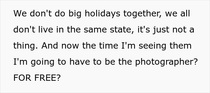 Text on white background showing a shocked reaction to being asked to be the wedding photographer for free.