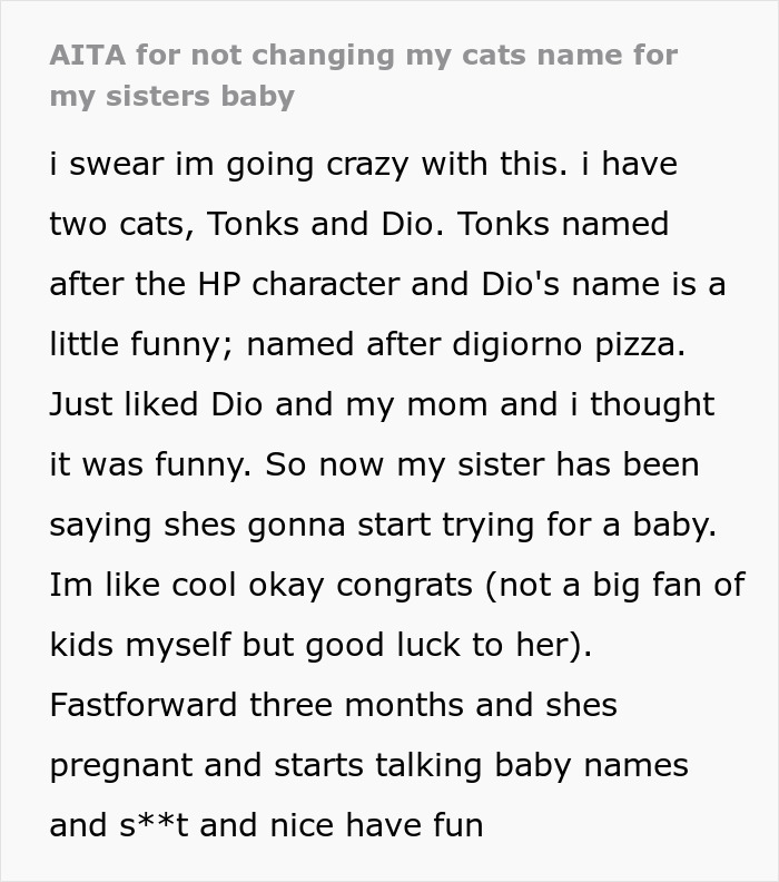 Text post discussing a sister demanding family rehomes or renames 11YO cat because he shares a name with her son. Text post discussing a sister demanding family rehomes or renames 11YO cat because he shares a name with her son.