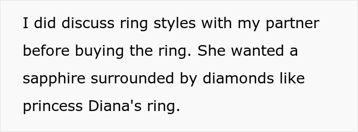 Text excerpt discussing ring styles and preferences before making the decision to refuse buying an engagement ring. Text excerpt discussing ring styles and preferences before making the decision to refuse buying an engagement ring.