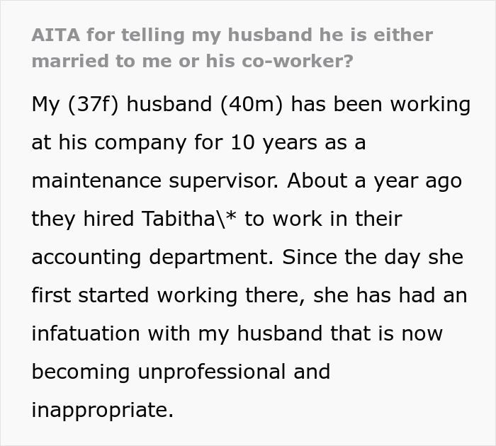 Text excerpt explaining a woman confronting her husband about his inappropriate work-wife relationship affecting their marriage.